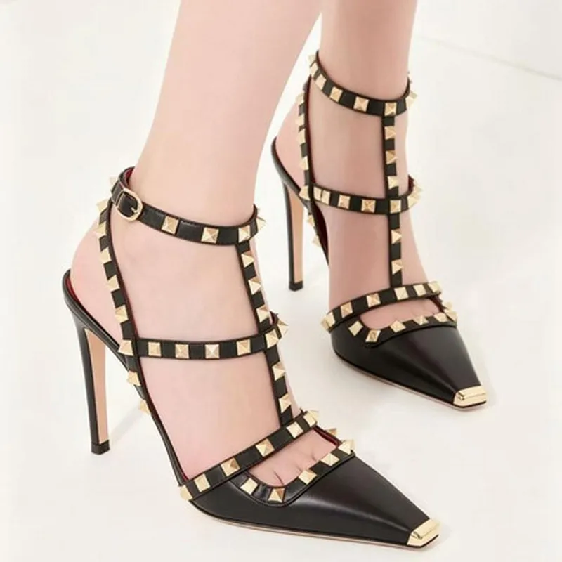 Rock Stud Cutout Strappy Stiletto Sandals Metal Point Thin Heel PU Ankle Buckle Rubber Sole Sexy Evening Street Party F139