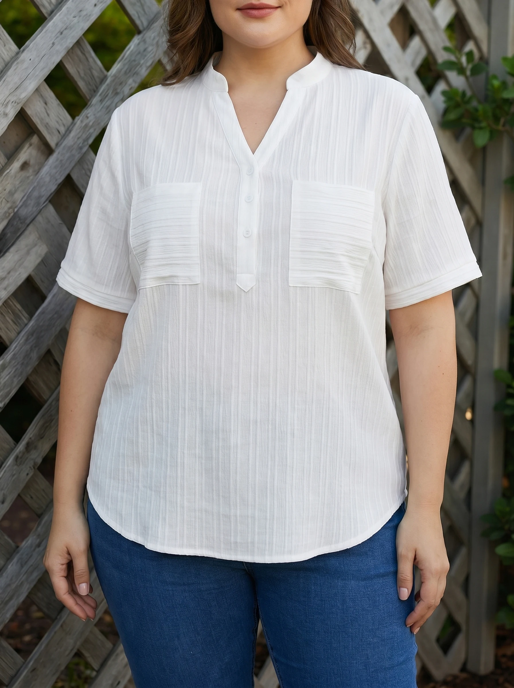 Rosa fera Blusa con cuello en V para mujer, talla grande, camisa informal de manga corta, túnica holgada con bolsillos