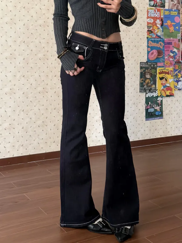 Women Low Rise Double Buckle Waist Flare Jeans Vintage Dark Wash Slim Denim Pants Y2K Streetwear Trousers All Match