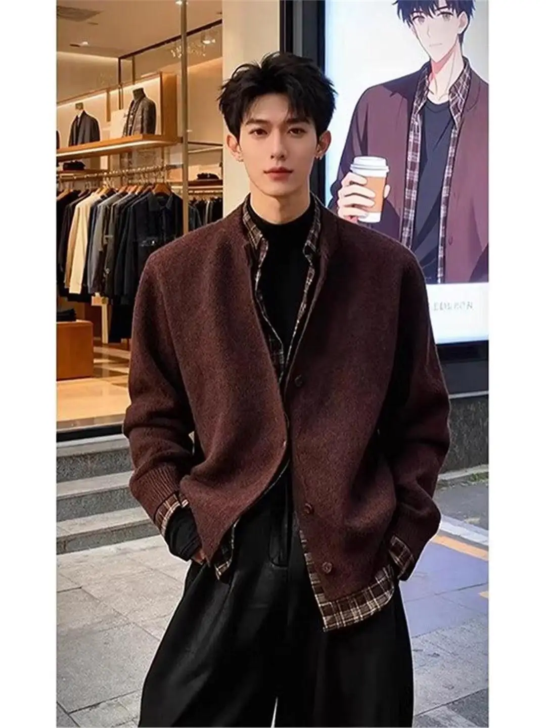 

Мужской вязаный свитер свободного кроя с клетчатыми вставками, повседневный, зимний, открытый кардиган, удобный, теплый, молодежный стиль