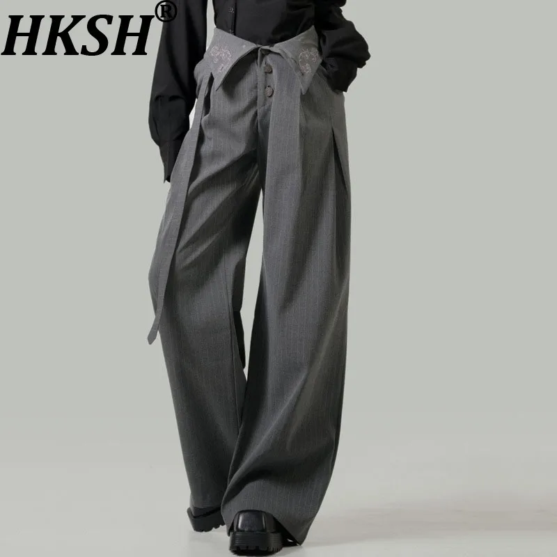 HKSH 2025 Autumn Winter New Women's Casual Pants Embroidery Ribbon Buttoned Striped Draped Elegant Fashion Trendy Unisex HK14224