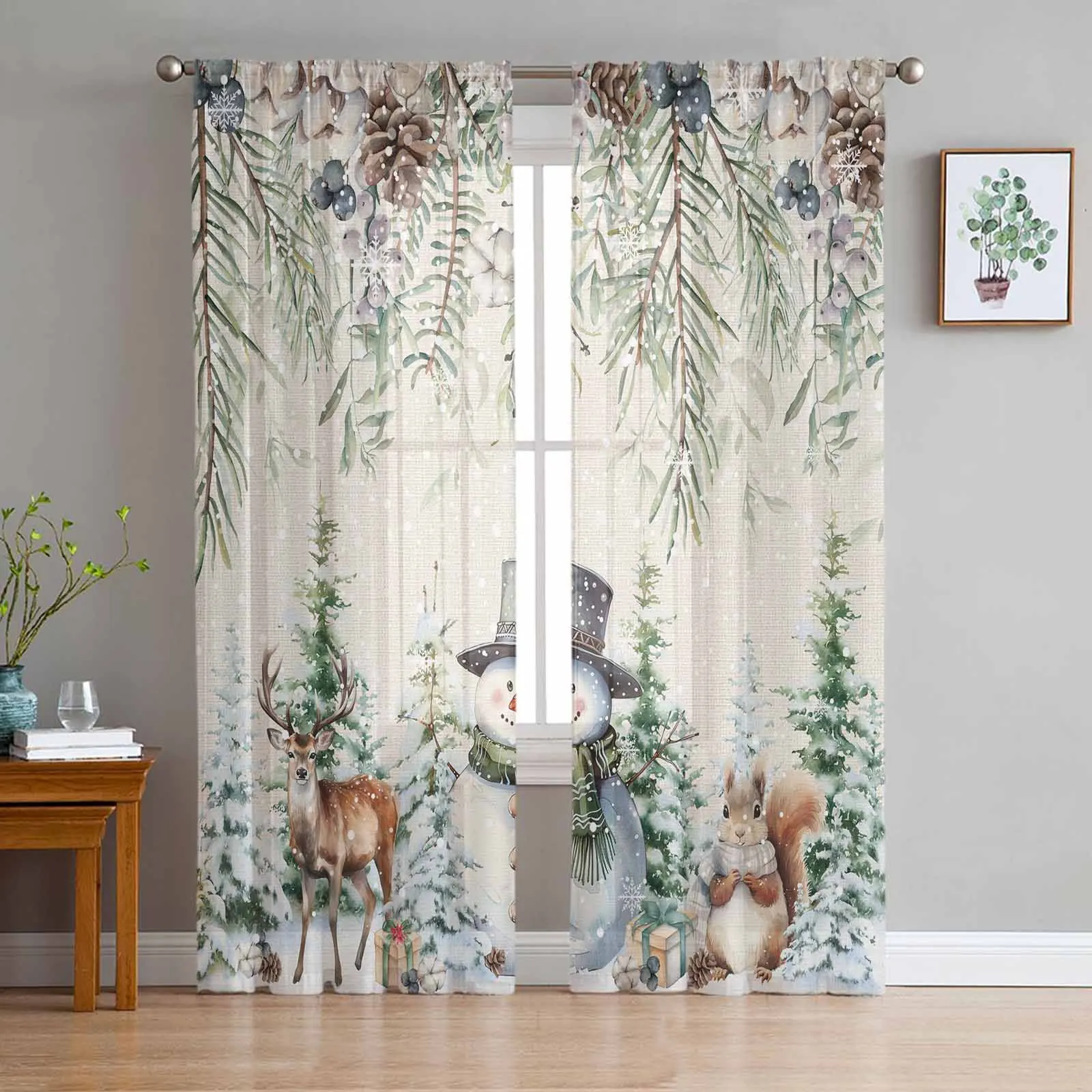 Berry Pine Tree Christmas Tree Squirrel Bedroom Transparent Sheer Curtains Holiday Decoration Window Voile Tulle Curtain