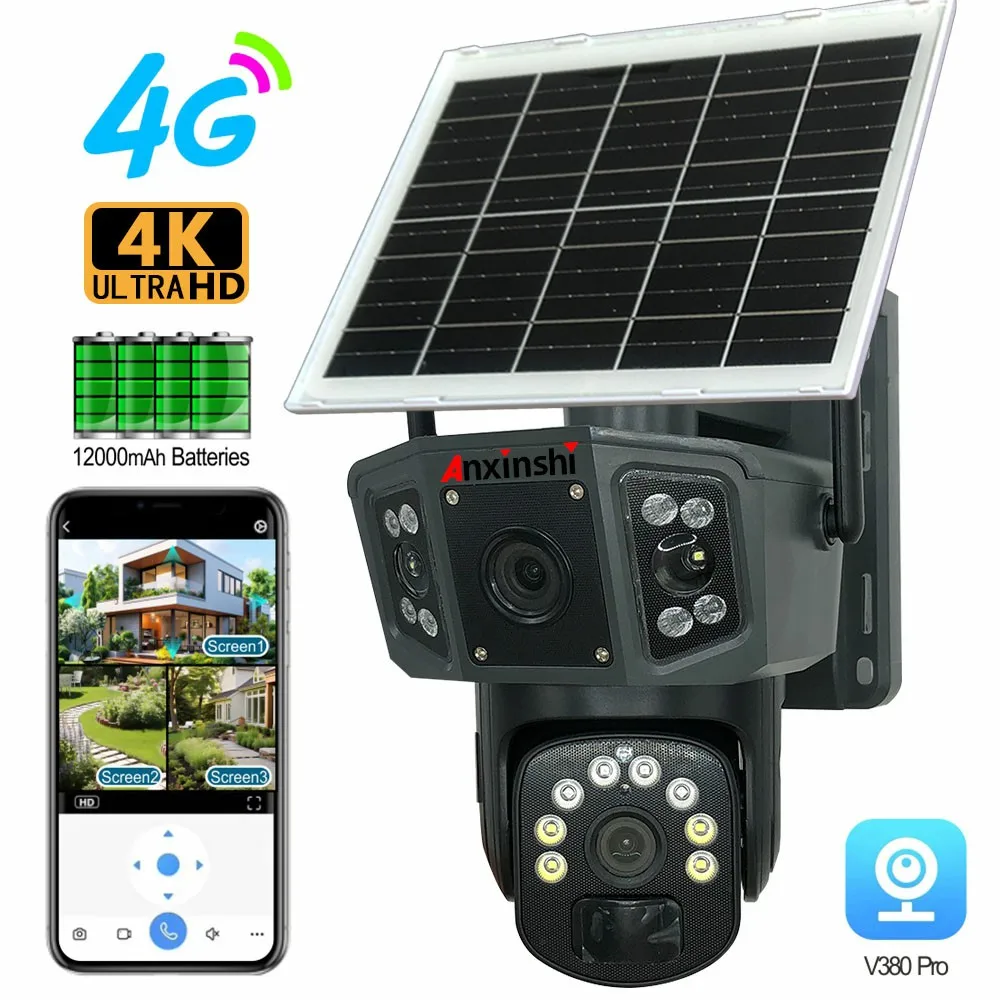 Outdoor Solar Panel Camera with Battery Wireless 4G/Wifi PTZ 3 Lens 3 Images PIR Detection Alarm Audio V380