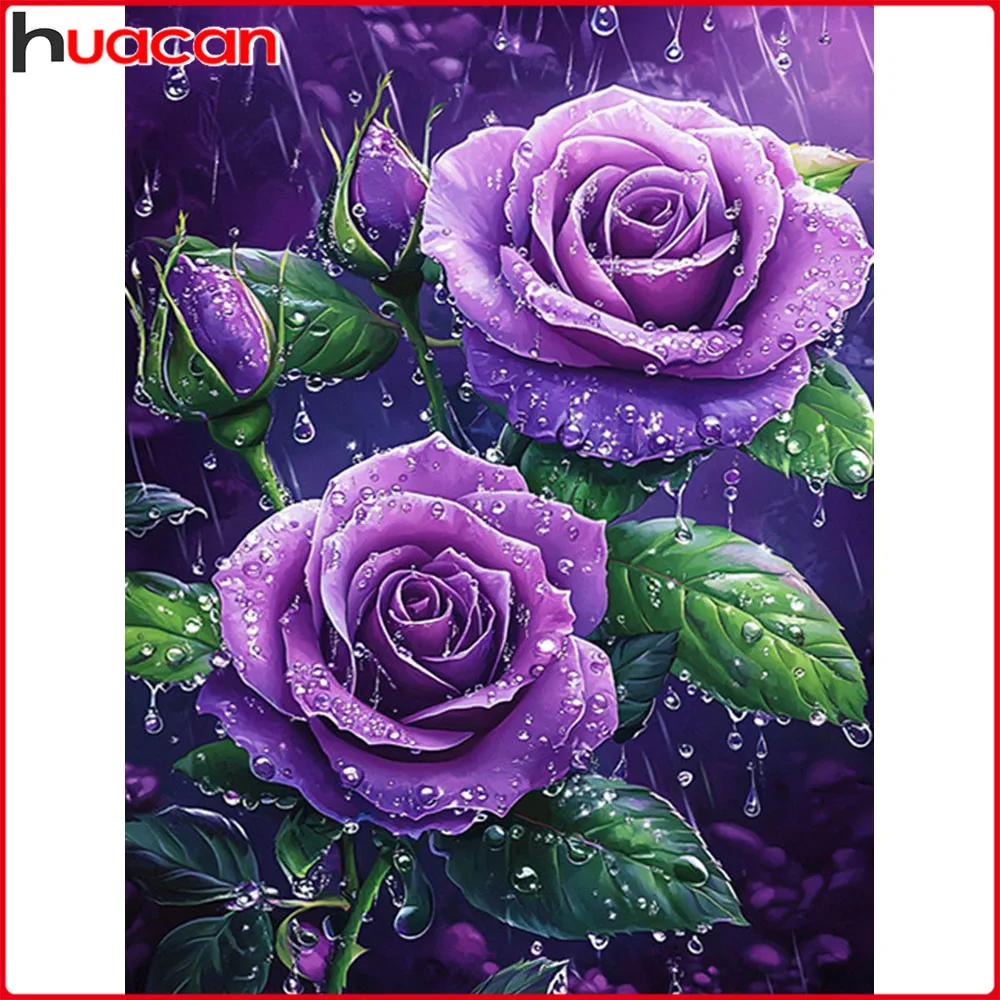 Huacan Full Square Round Diamond Painting Purple Rose Diamond Mosaic Flower Complete Kit Picture Of Rhinestones
