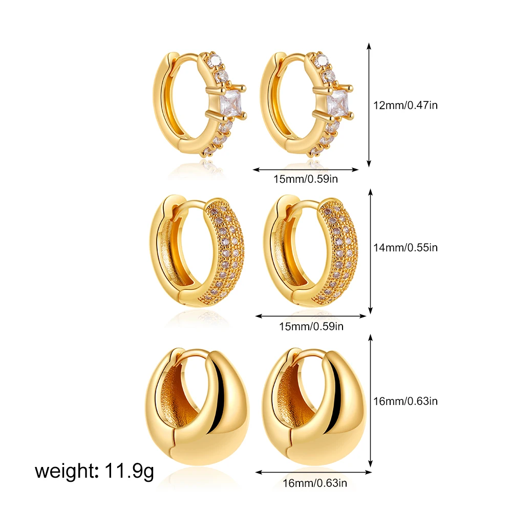 3pair/set 18K Gold Plated Chunky Hoop Earrings for Women CZ Zircon Stackable Cartilage Tiny Huggie Earring Jewelry Girls Gift