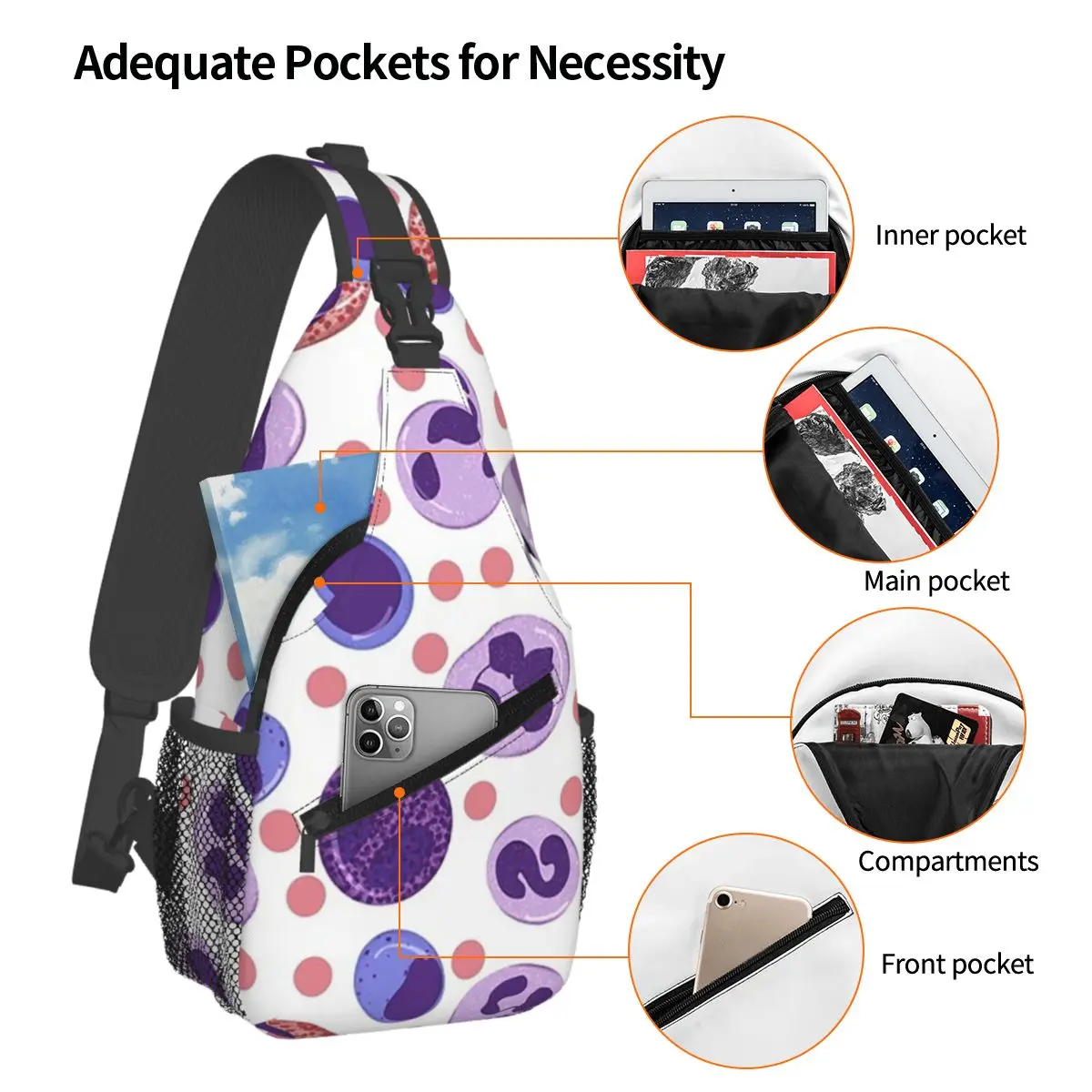Large White Blood Cell Pattern Chest Bag Men Sling Crossbody Backpack Chest Bag Traveling Hiking Daypack Shoulder Bag