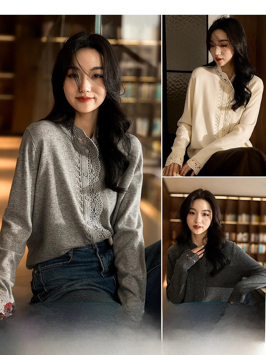 

Вязаный шерстяной кардиган ручной работы Alice Dreng с кружевной отделкой, ажурный, мягкий, с длинными рукавами, круглым вырезом, однотонный, в стиле OL