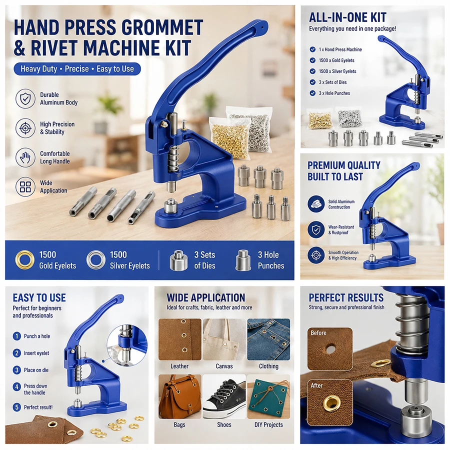 Hand Press Grommet Machine Eyelet Rivet Puncher Tool Set With Grommets Dies For Leather Fabric Canvas