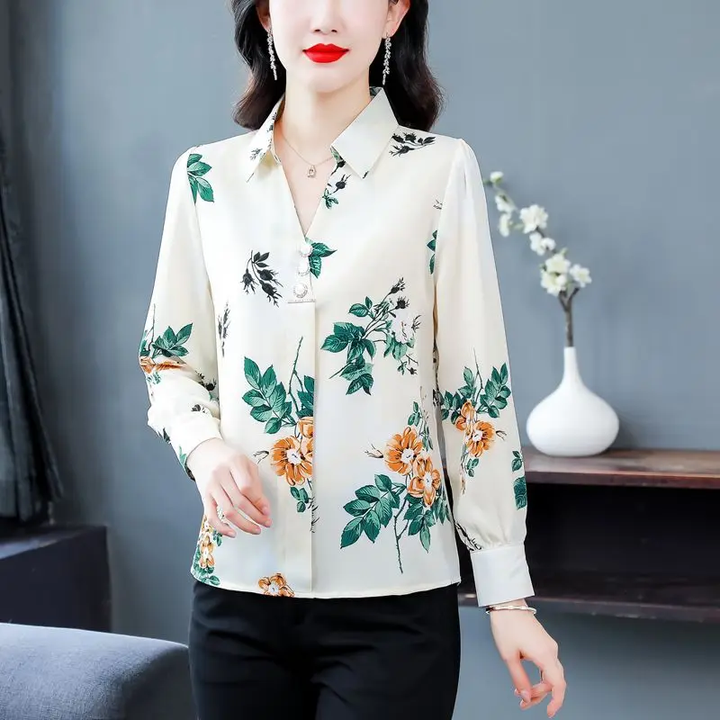 Versatile and Fashionable Long Sleeved Chiffon Shirt Turn-down Collar Multi-element Printing Diamonds Women\'s Pullover Blouses