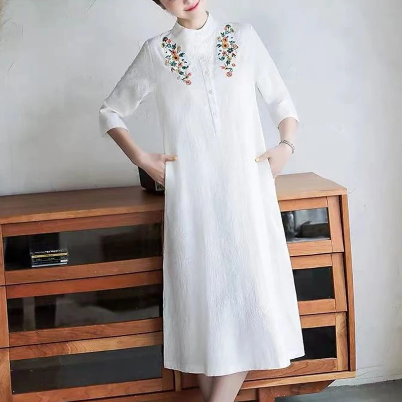 Summer Vintage Cotton Linen Embroidery A-line Dress Ladies Loose Casual Half Sleeve Vestido Women Oversized Ethnic Style Robe