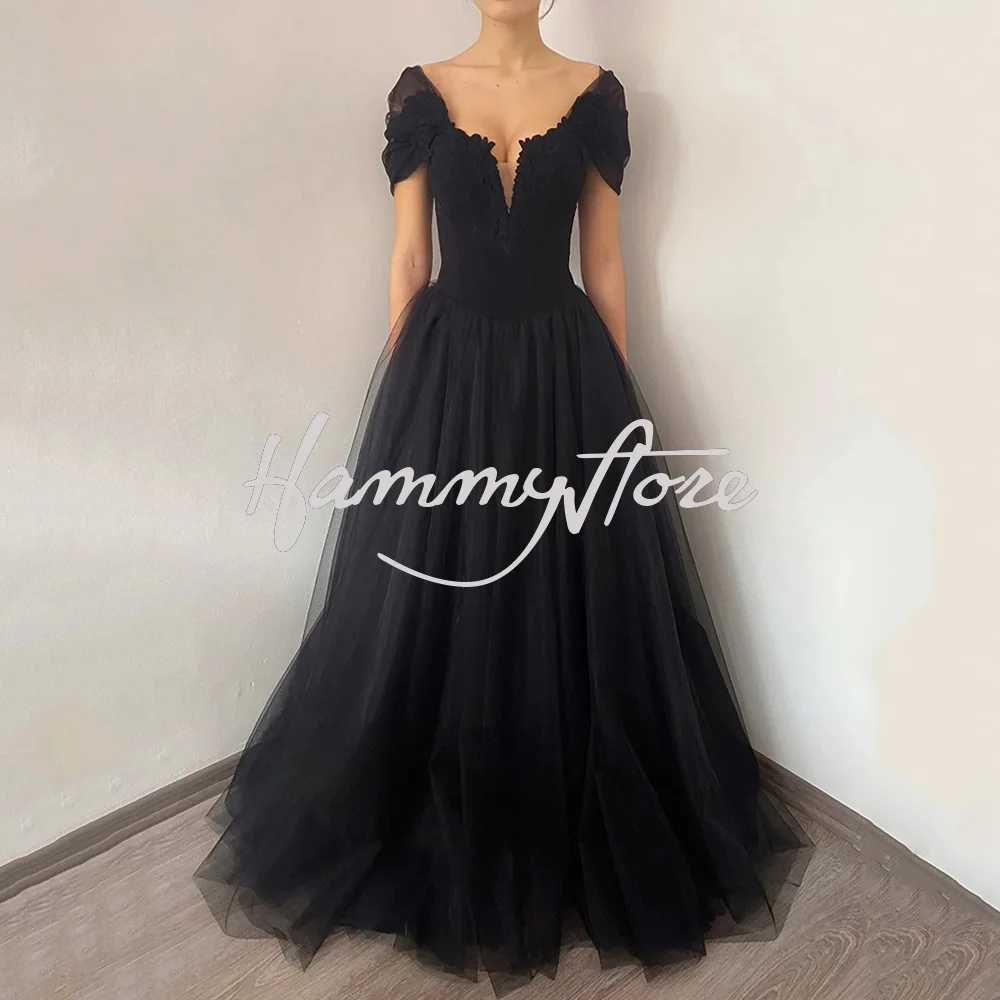 Vestido De novia gótico brillante para novia y mujer, Vestido De novia elegante De manga larga con cuello en V, apliques De línea A, color negro