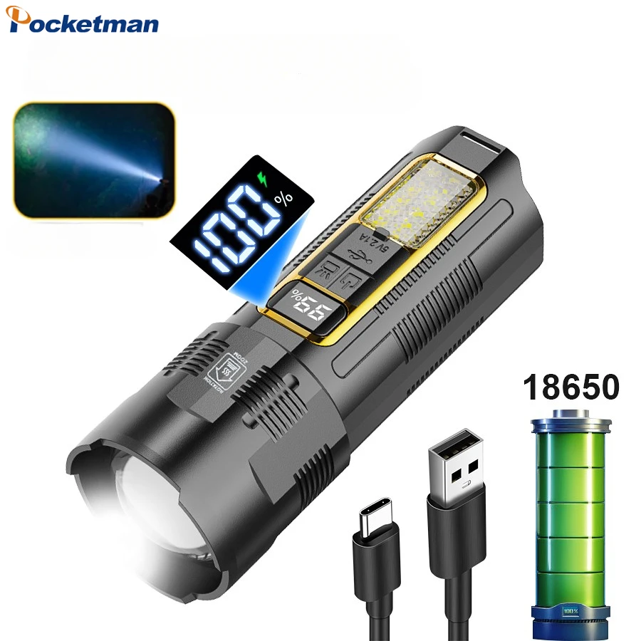 USB recarregável Zoom Handlamp, Vermelho Azul Cuidado Tocha, Lanternas de luz forte, Power Display, Camping ao ar livre, Lanterna de pesca