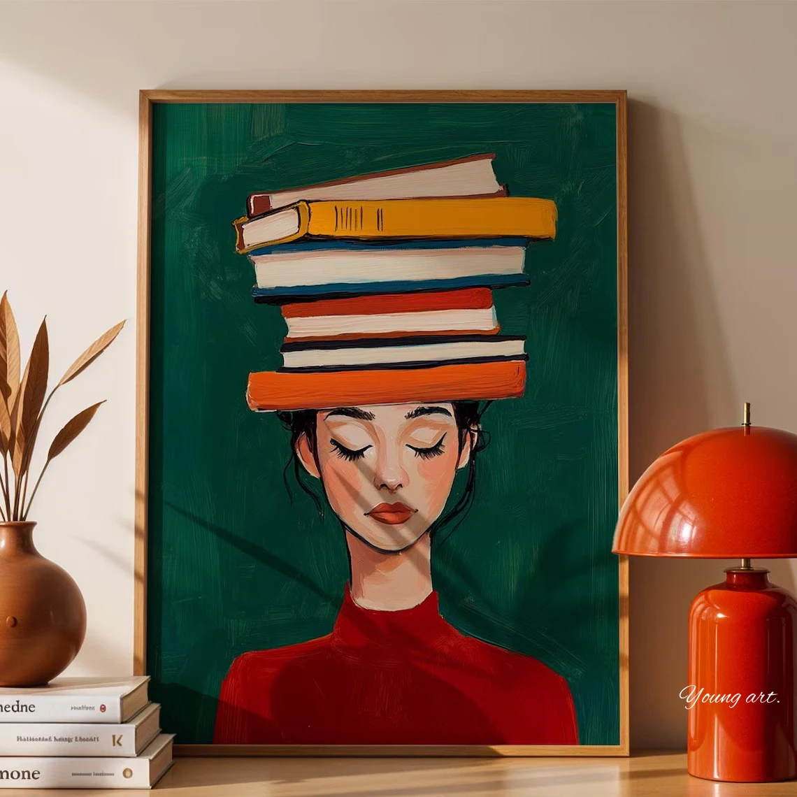 Woman with Books on Head Canvas Prints Poster Modern Minimalist Reading Inspired Art Prints Bedroom Wall Art Home Decor Poster