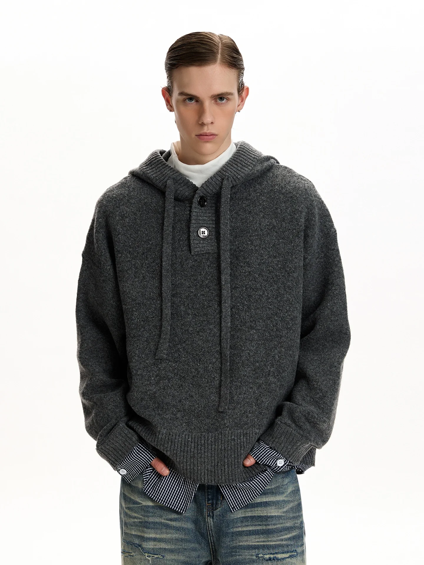 

American Retro Plaid Patchwork Hoodie Loose Knitted Sweater ex Comfortable Fit Long Sve Polyester Blend Spring Autumn