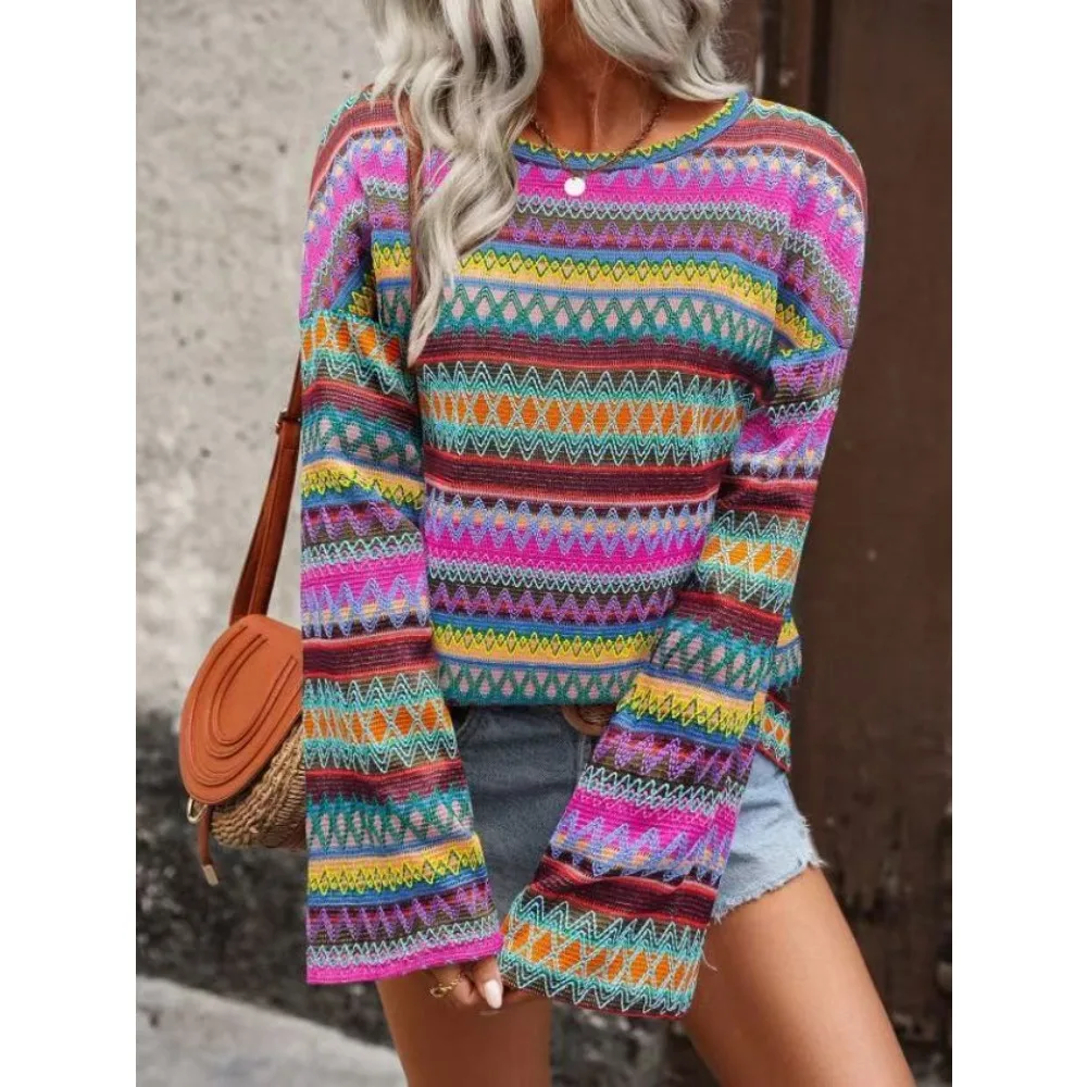 New Women's Sweater Bohemian Ethnic Geometric Printed Hoodie Autumn/Winter Round Neck Trumpet Sleeves Loose Colorful Knitted Top