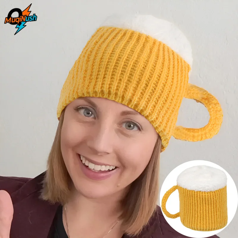 

MuqiNush 3D Beer Cup Hat Funny Creative Knitted Pullover Hats Autumn Winter Versatile Warm Hairline Cap Beer Lovers Presents