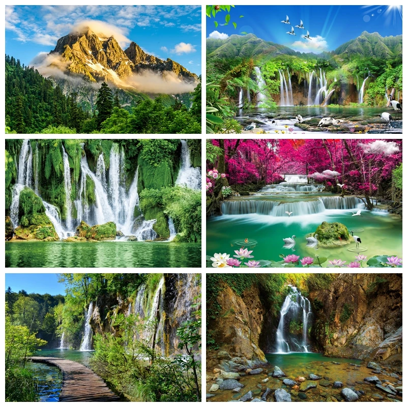 Spring Nature Scenery Waterfall Landscape Photography Backdrops Mountain Forest Room Decor Photographic Background Photo Studio