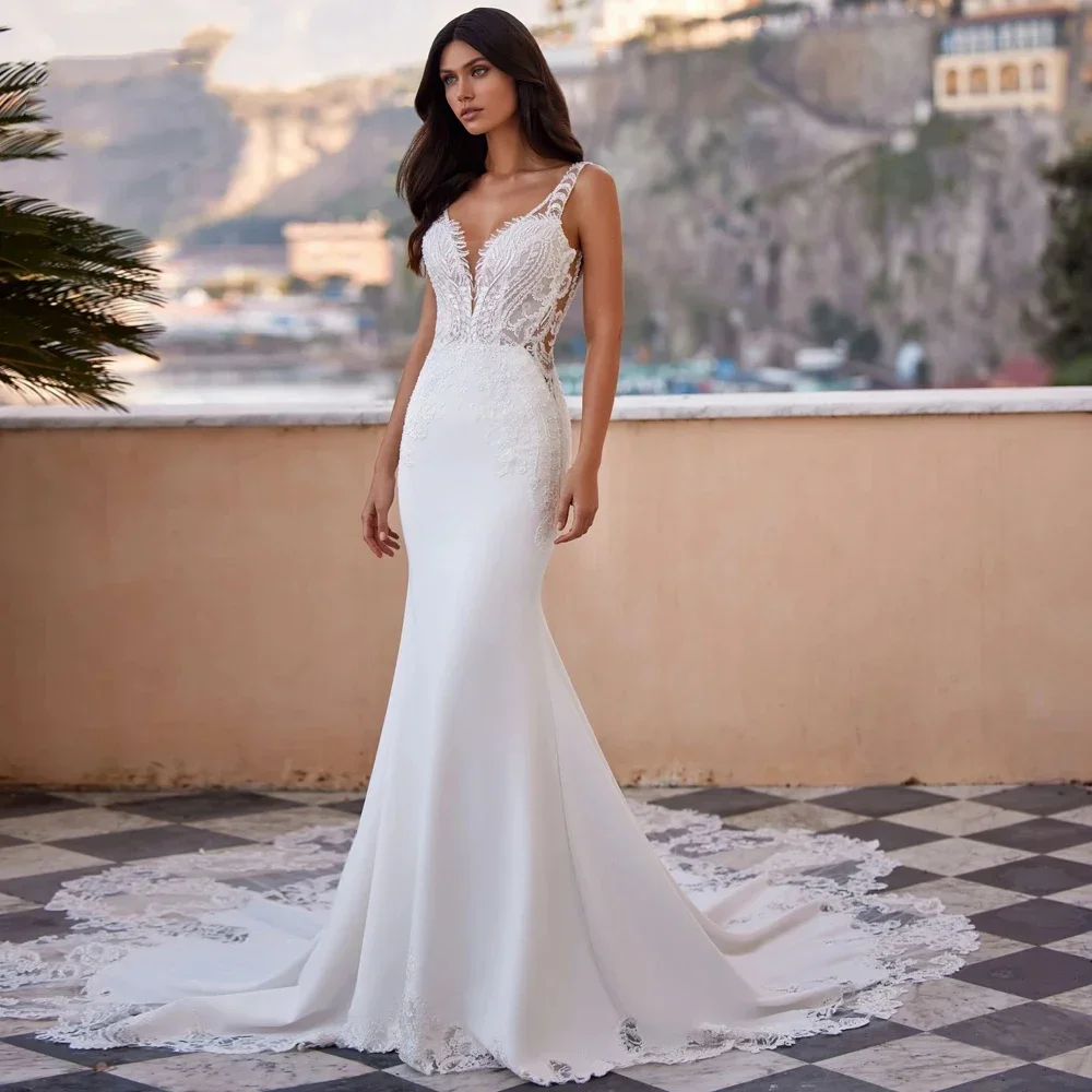 Customized V Neck Backless Soft Satin Mermaid Wedding Dresses Appliques Beaded  Trumpet Bridal Gown Vestidos De Novia