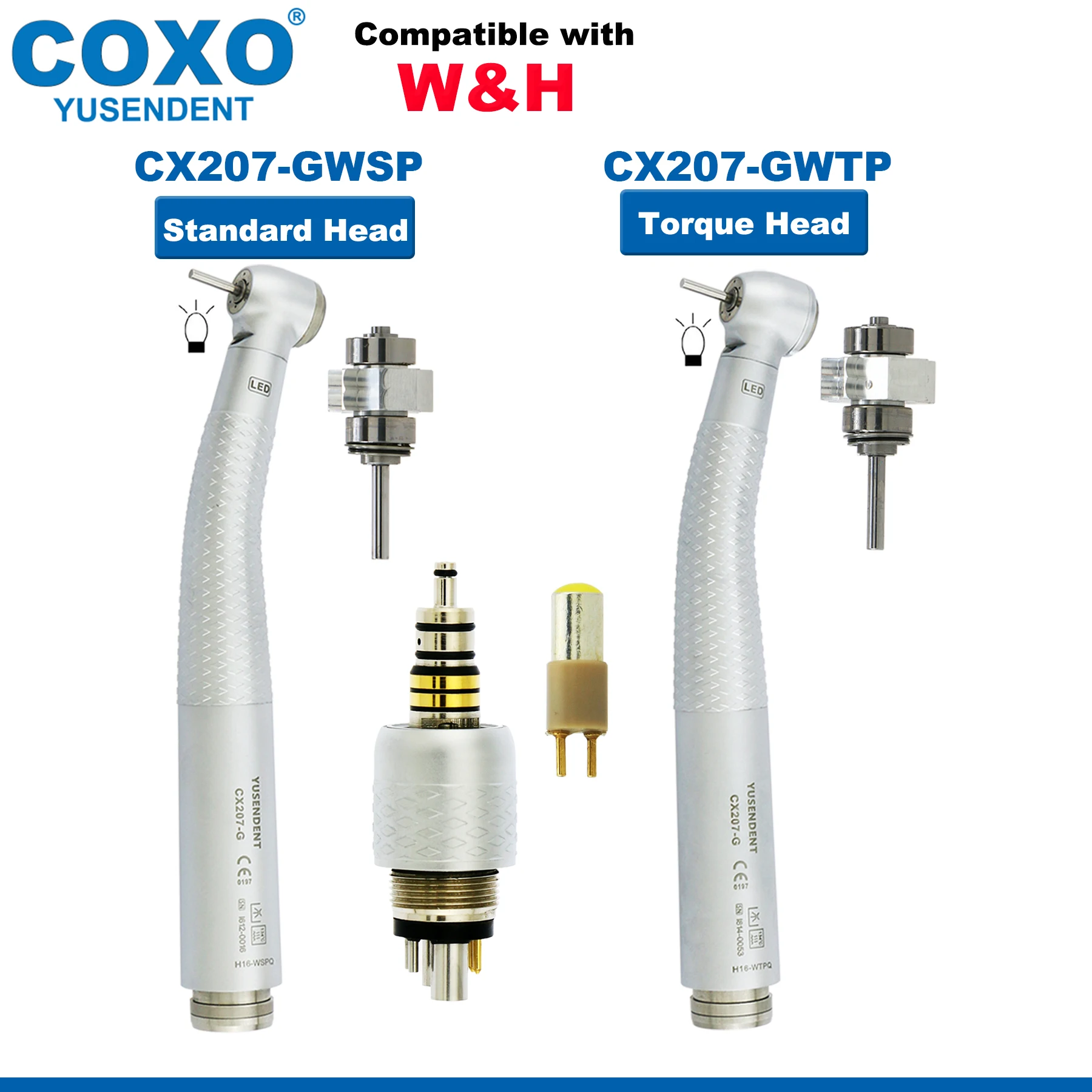 

COXO CX207-G Dental Turbines Fiber Optic High Speed Handpiece Standard/Torque Big Head Air Rotor LED Coupler 6 Pin Fit WH