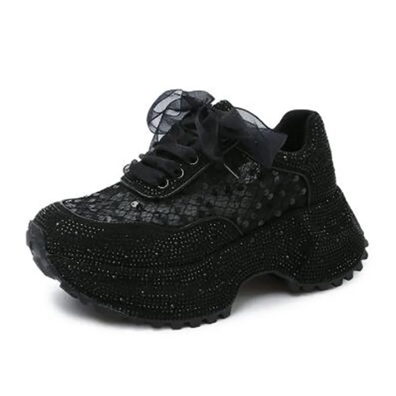 

Дизайнерские женские сетчатые прогулочные туфли высшего качества, женские повседневные дышащие блестящие туфли для папы на толстой подошве со стразами, женские кроссовки