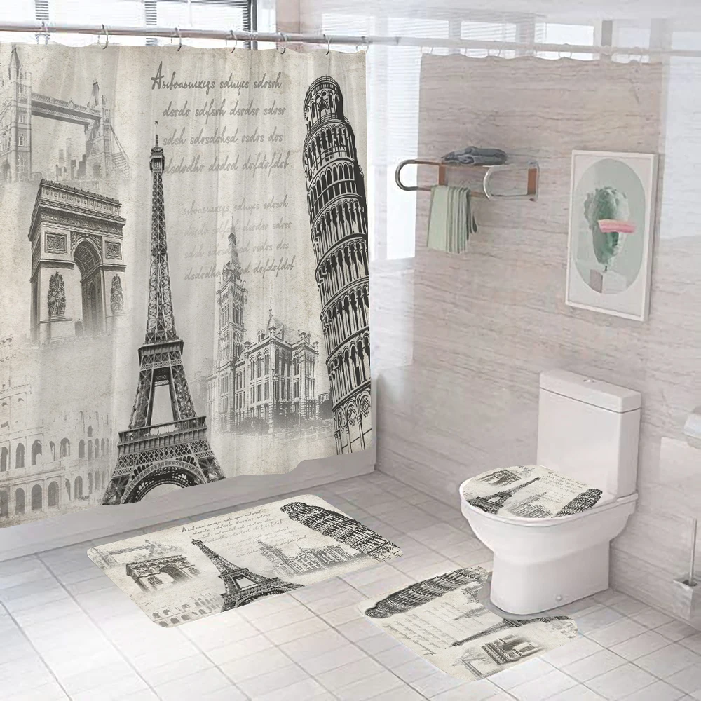 Vintage Scenery Paris Tower Home Decor Waterproof Shower Curtain Set with 12 Hooks Toilet Covers Bath Mats Bathroom Non-slip Rug