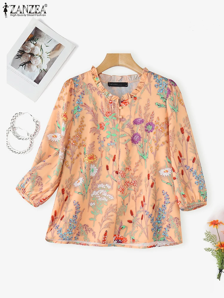 

ZANZEA Vintage Tops Women Shirts Floral Print Bohemian Holiday Blouse 2025 Summer 3/4 Puff Sleeve Fashion Casual Ruffled Tunic