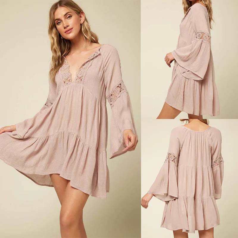 Casual Vacation Bikini Swimsuit Cover-up Dresses For women Boho Beach Flare Sleeve Lace Robe Deep V Neck Summer Dress Vestidos