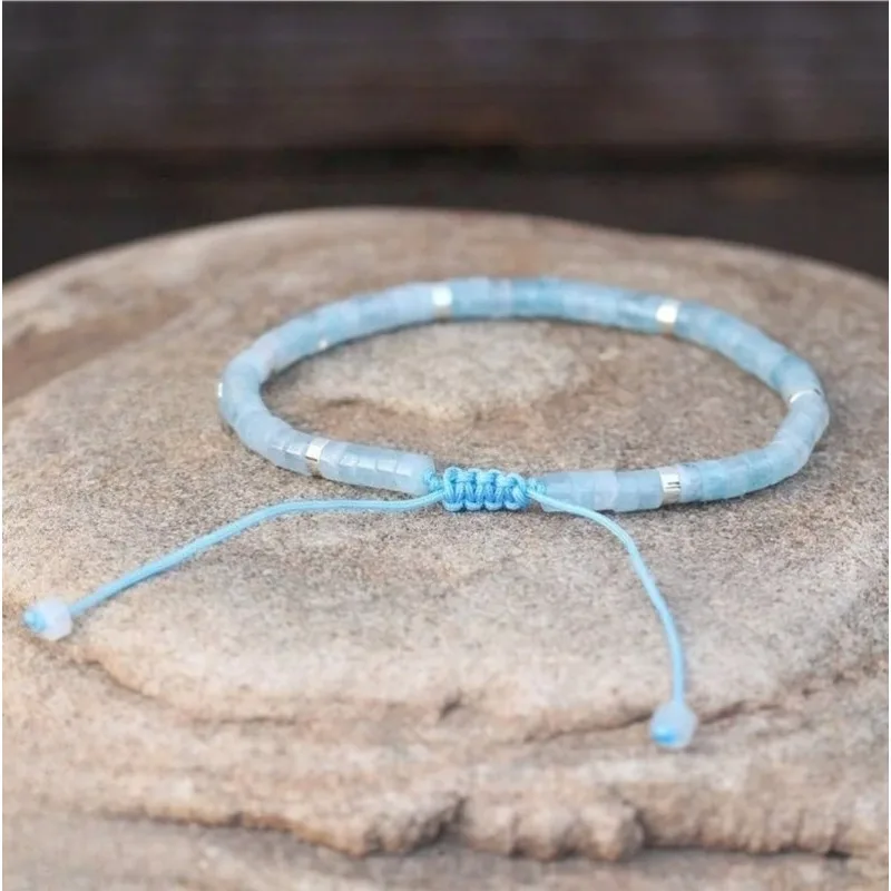 Aquamarine beaded bracelet - Adjustable Bohemian exquisite March birthstone
