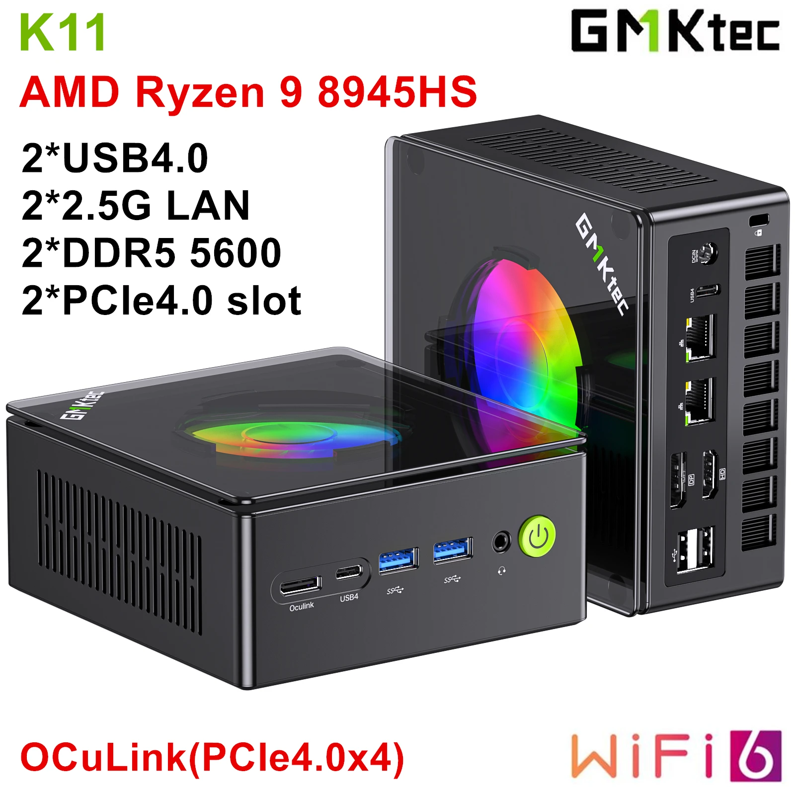 GMKtec Gaming Mini PC Nucbox K11 AMD Ryzen 9 8945HS OCuLink 2*USB4 2*DDR5 2*PCIe 2*2.5G LAN Pulpit RGB Komputer Windows11 WiFi6