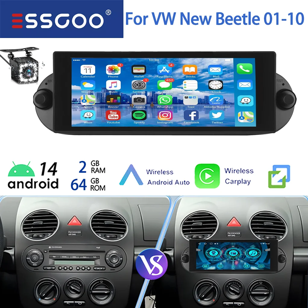 ESSGOO 64G 7 "Android 14 Autoradio Voor VW Kever 01-10 Draadloze Carplay GPS Navi FM WiFi BT RDS SWC Spiegel Link IPS Touchscreen