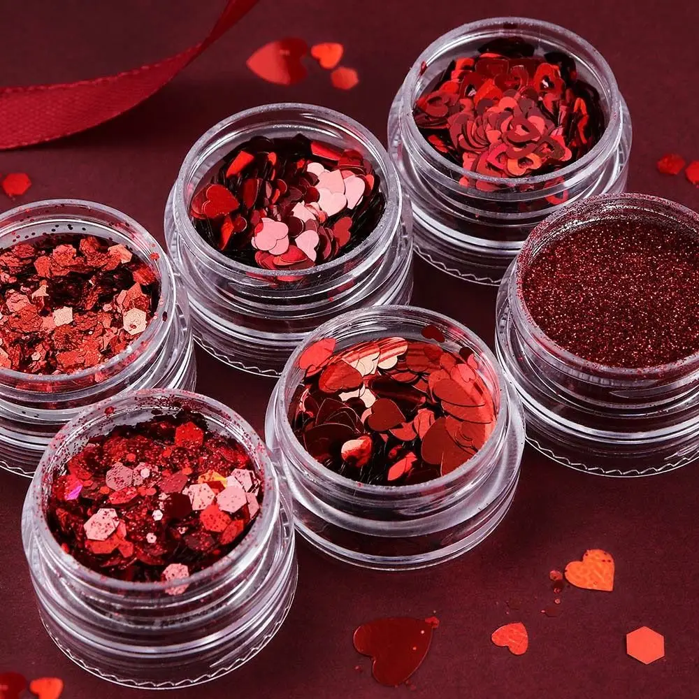 6Pcs/set Manicure Tools Red Heart Nail Powder Nail Art Decorations Nail Art Supplies Red Glitter Flakes Love Heart PET