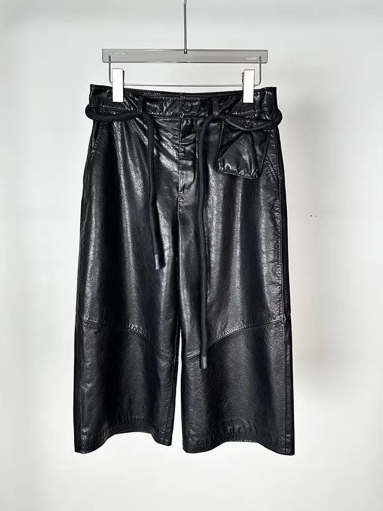 Retro Female Office Oil Wax Genuine Leather Casual Wide Leg Trousers Loose Fit Versatile Fashion Lady Straight Trousers Pants