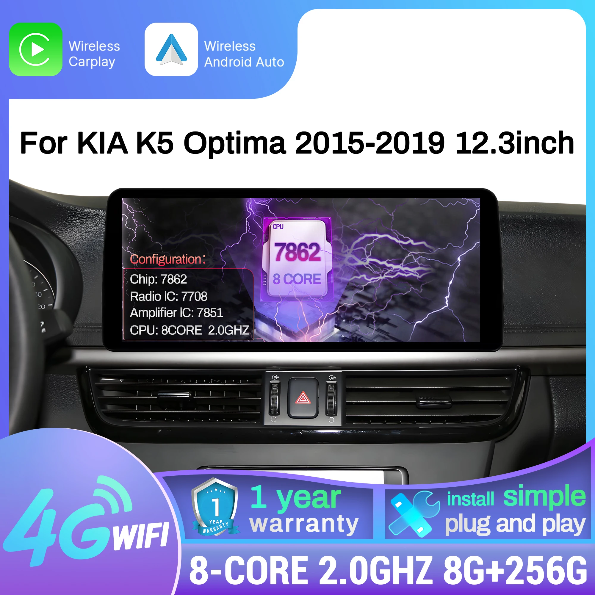 

12.3 inch For KIA K5 Optima 2015 2016 2017 2018 2019 Car Radio Wireless BT CarPlay Android 14 4G GPS Multimedia Head Unit Screen