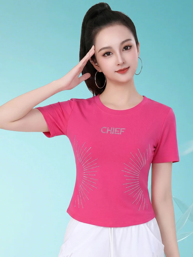 新しいショートラウンドネック-tシャツ女性のスリムフィットラインストーン夏多用途スポーツダンストップスタイリッシュな日常パフォーマンス服
