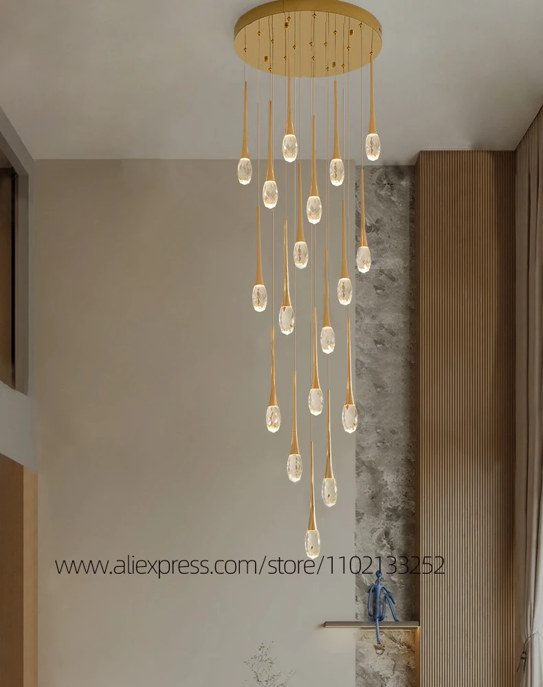 Modern Nordic Style Luxury Crystal Villa Staircase Pendant Light Hanging Living Room Pendent Lamp LED Ceiling Bedroom Chandelier