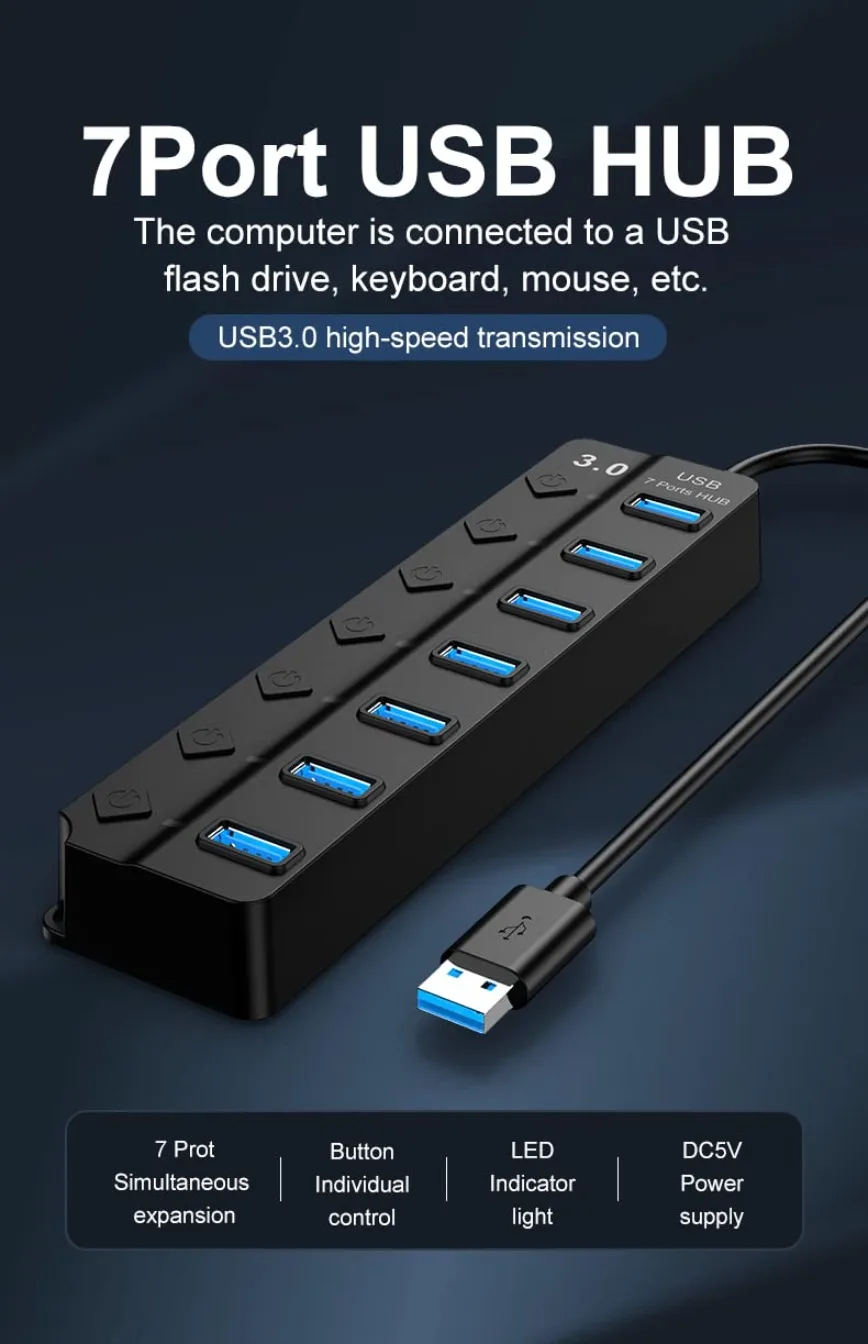 USB 3.0 Hub Portable 7-Port USB Extension Hub Data Hub Splitter with Individual Power Switches and LED Lights for PC Laptop etc.