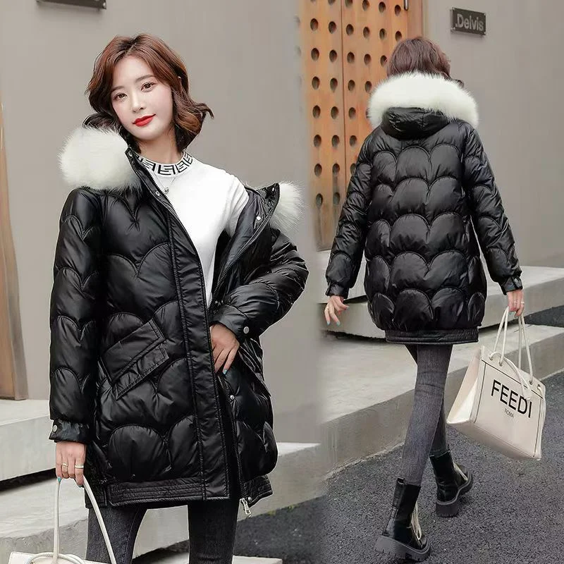 Bright Wash-free Cotton-padded Coat Women's Winter 2024 New Cotton-padded Big Fur Collar Thickened Fashion Of The Long Coat Tide