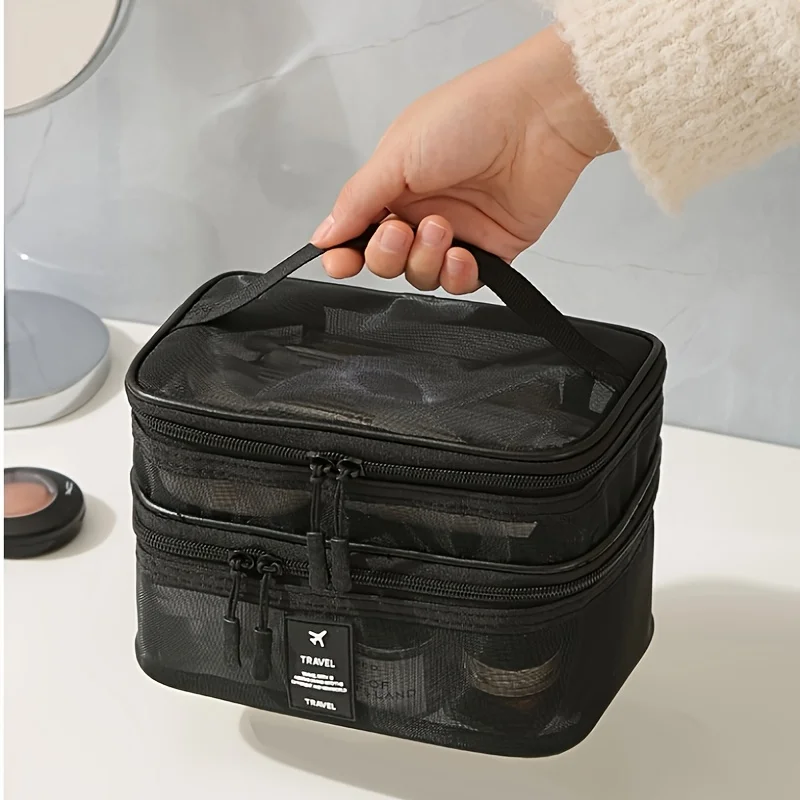 Ipper Mesh Cosmetic Bags 2Layers Transparent Double-layer Storage Bag Multifunctional Handheld Toiletries Organizer Women