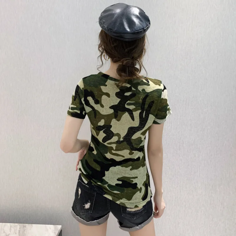 #5542 Casual Camouflage T Shirt Women Short Sleeves Slim Cotton V Neck Tee Shirt Femme Basic T-shirt Female Korean Style Summer