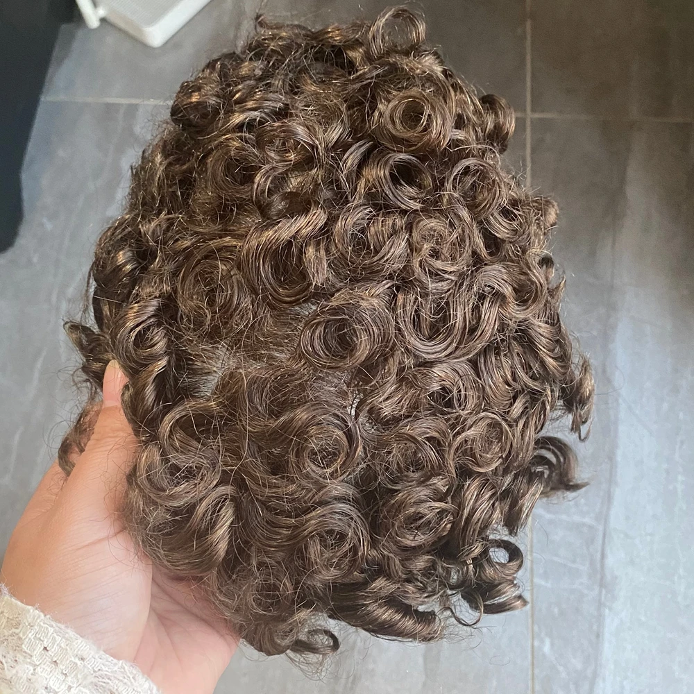 プラチナブロンド 20mm カール人毛ヘアピース 自然な生え際 マイクロスキン Vループ ポリベース 簡単装着 補毛キャップ