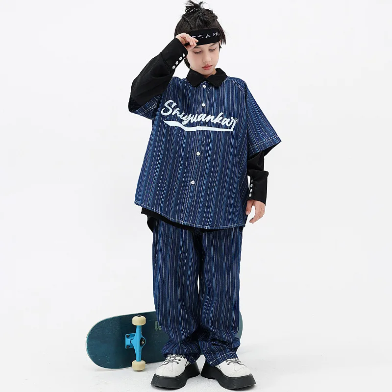 Kid Hip Hop Clothing Oversized Striped Denim Blue Cardigan Shirt Top Casual Baggy Jeans Pants for Girl Boy Dance Costume Clothes