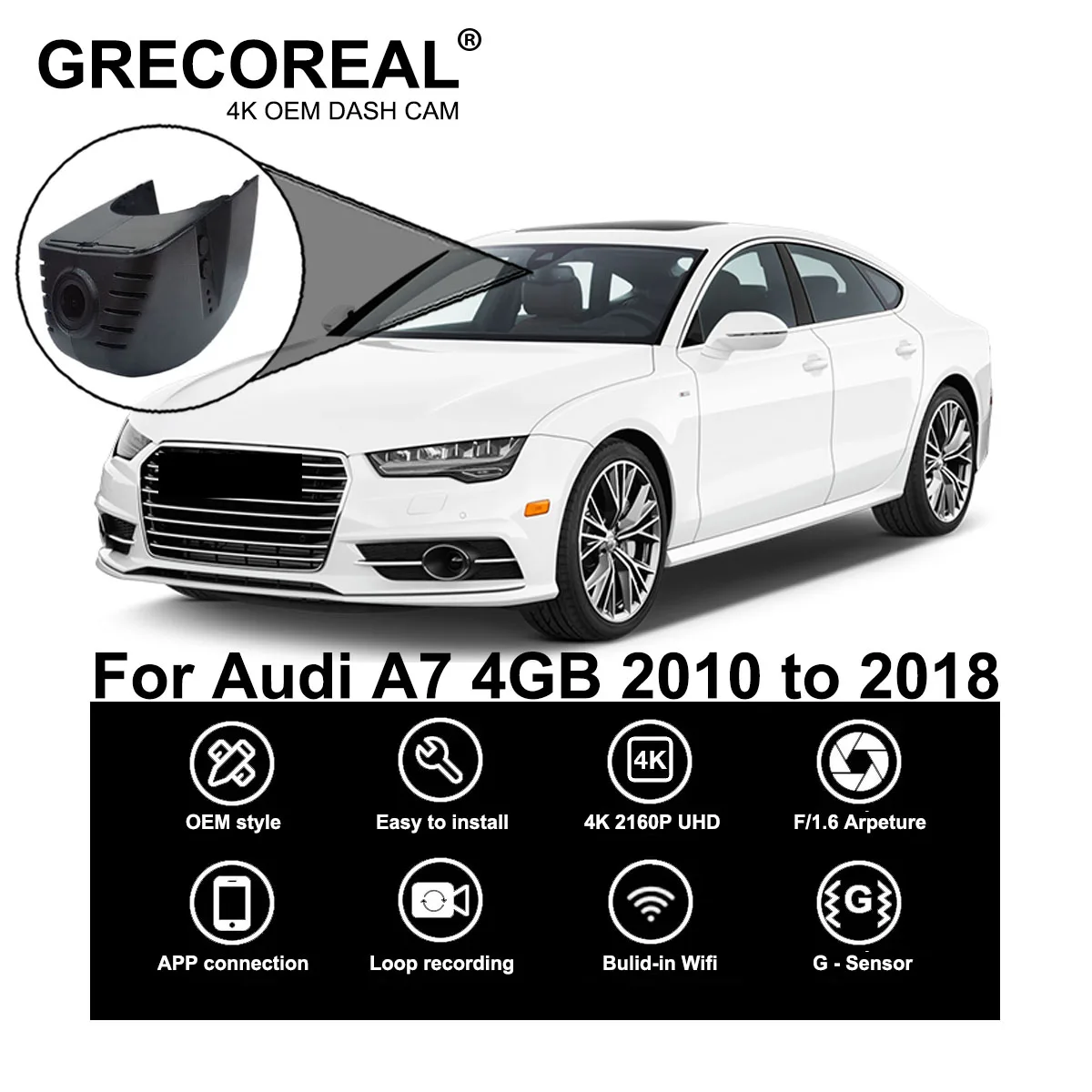

GRECOREAL 4K Dash Cam Front and Rear 2160P WiFi Car Dual Dashcam APP Control Easy Install Plug Play Compatible with Audi A7 4GB