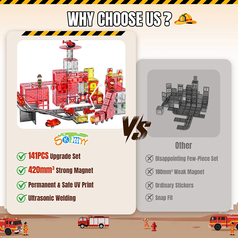 141 stuks magnetische tegels voor kinderen, brandweer thema, magnetische tegels met brandweerkazerne, brandweer voertuigen, STEM educatief speelgoed, cadeaus