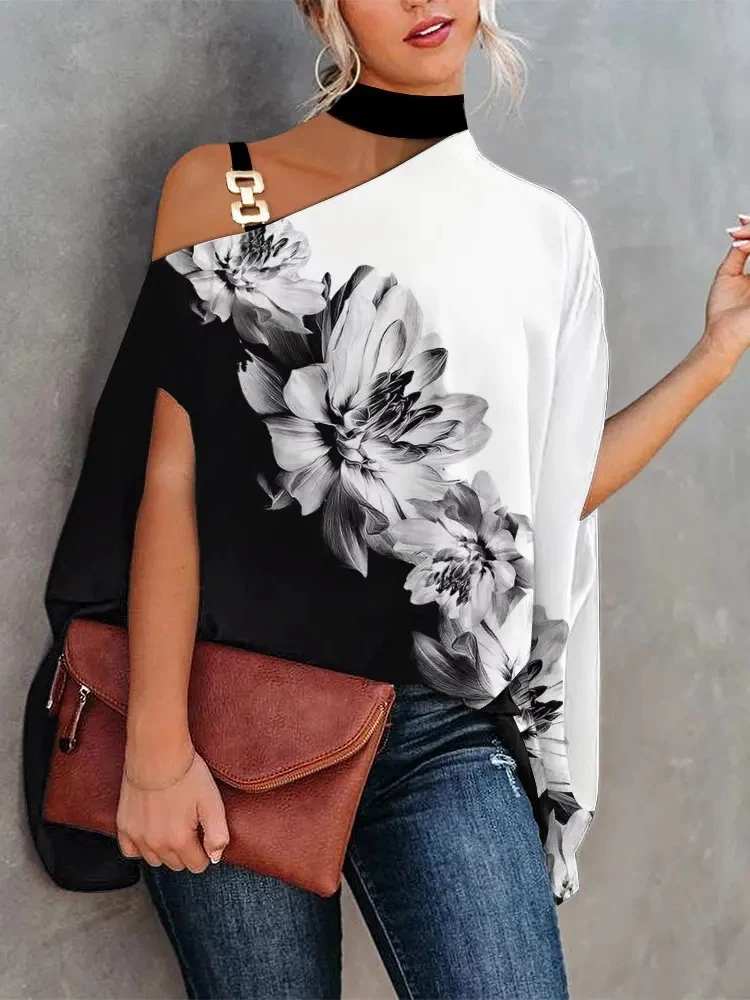 

Elegant Women's Loose White Blouses Tops 2022 Summer Fashion Halter Batwing Sleeve Lotus Print Shirts For Female Clothing Blouse