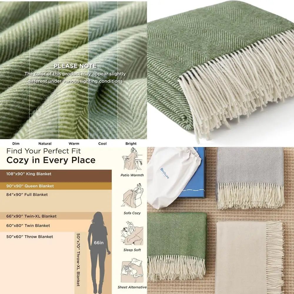 

Luxury Herringbone Wool Throw, Cozy & Lightweight, Perfect Christmas Gift for Women, Olive Green, 50x60