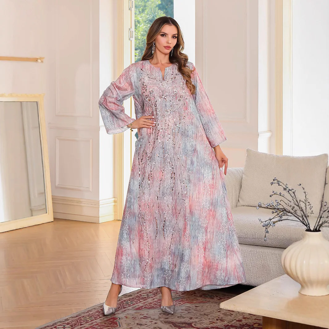 

New Fashion Muslim Abaya Dubai Print Dresses Trendy Elegant Embroideried Long Sleeve Sequined V-neck Abayas Party Caftan