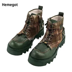 Vintage Atrovirens Cowhide Boots for Men Platform Work Boots Canvas Patchwork Winter Lace-Up Round Toe High Top Men's Shoes