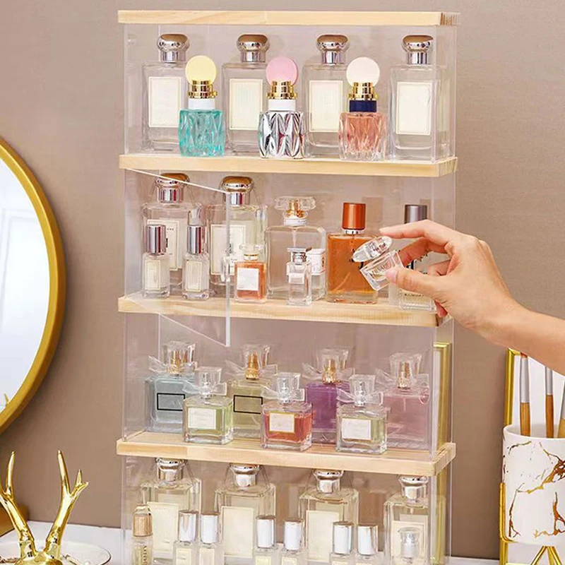 

Wood Acrylic Dustproof Storage Boxes Perfume Makeup Organizer Storage Shelf Box Acrylic Display Showcase Storage Boxes