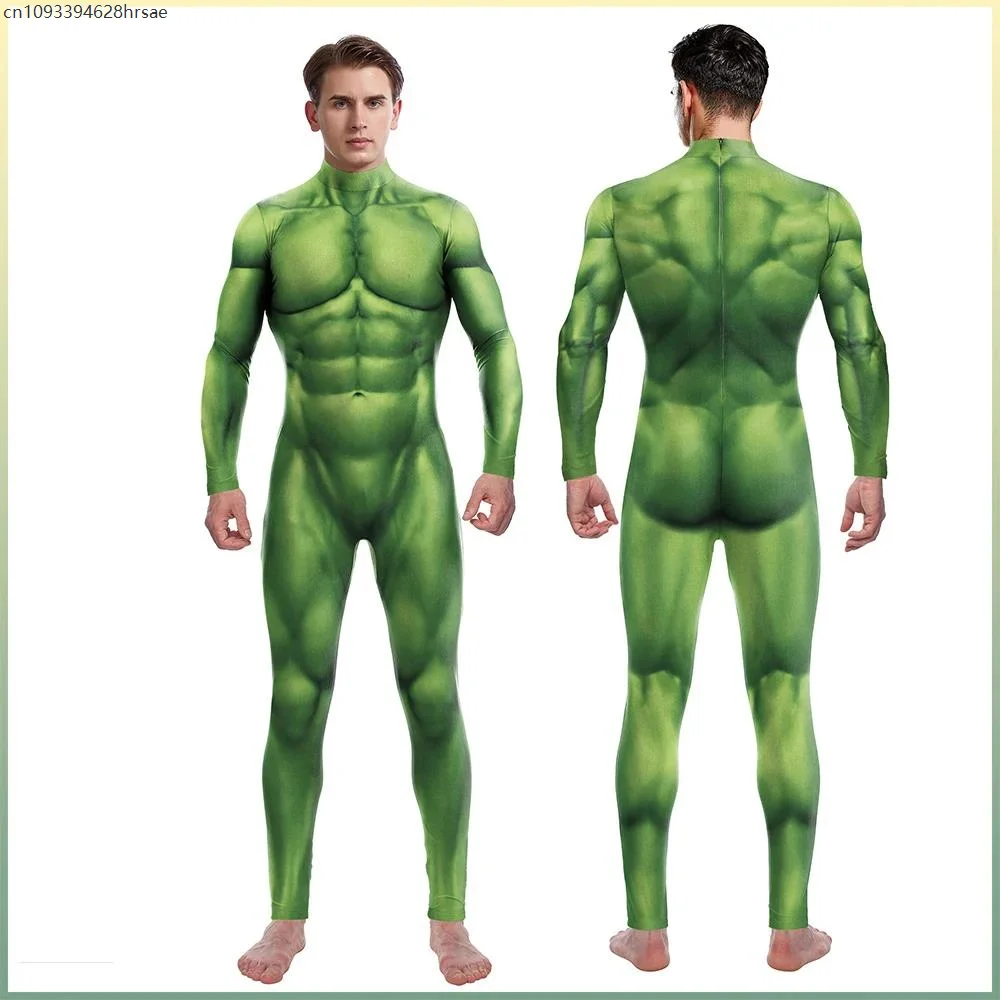 

Halloween Cosplay Costume Purim Green Muscle 3D Print Men Jumpsuit Carnival Spandex Zentai Bodysuit Women Men Holiday Party Wear