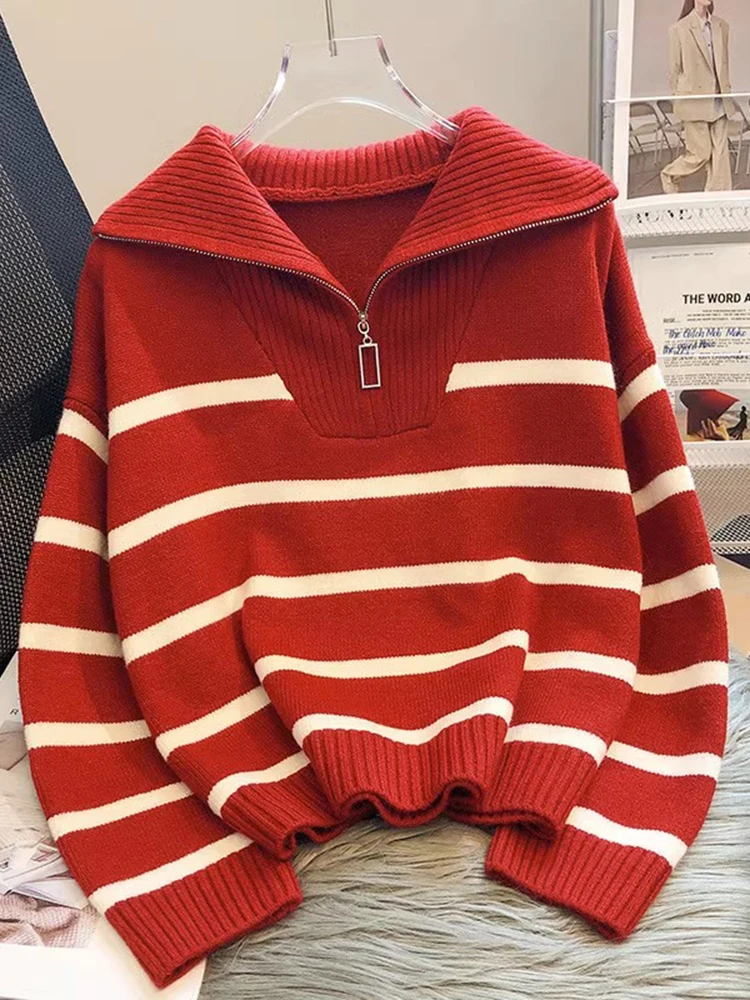 Jmprs Warm Women Sweater Thick Winter Fashion Striped Zipper Jmuper Loose Korean Knitted Female Pullover Blouse